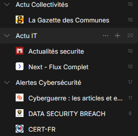 Mon tableau de bord Feedly : trois dossiers de sources (Actu collectivités, Actu IT, Alertes cybersécurité)
